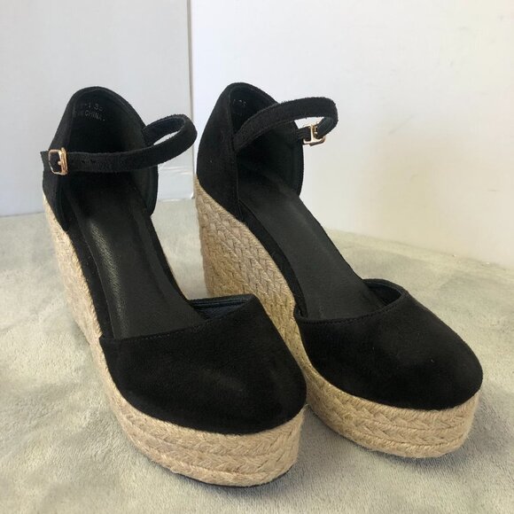 NWOT Black Suede Platform Wedge Espadrilles Size 36 (5.5 US) - Picture 1 of 16